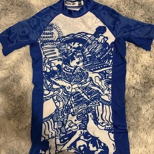 Blue and White Rash Guard with Artistic Swim Design